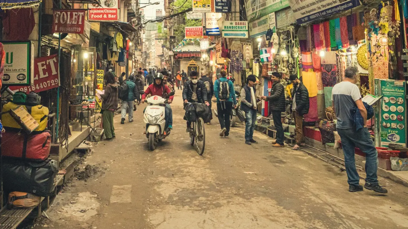 Trekking gear shops selling and renting down jackets in Thamel, Kathmandu